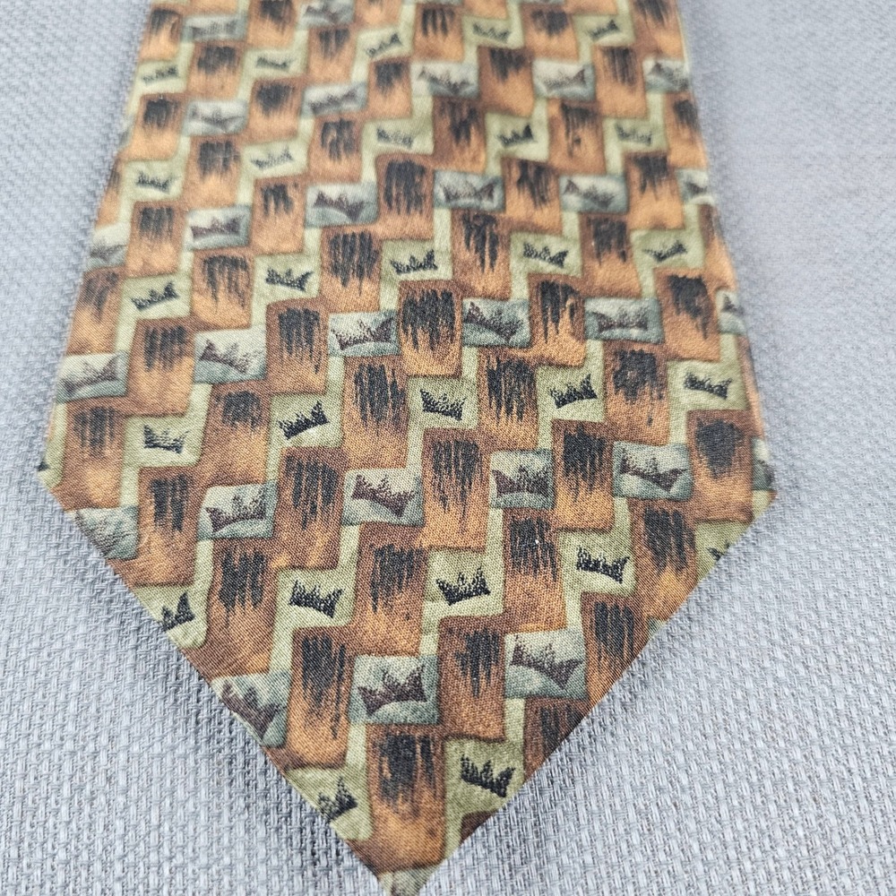 David Wells Collection Four Men's Silk Necktie Geometric Pattern Brown Green